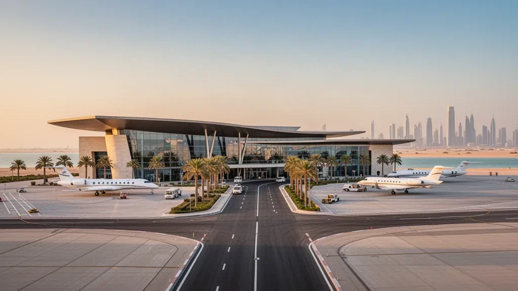 Terminal d'affaires moderne et jets privés sur le tarmac à l'heure dorée, évoquant l'aéroport Al Bateen Executive à Abu Dhabi