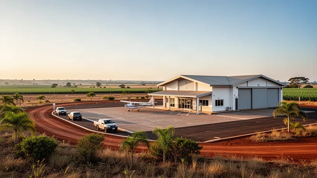 Rural airstrip at Fazenda Tucunaré Airport in Sapezal, Brazil, with a small terminal, hangar and light aircraft at golden hour.