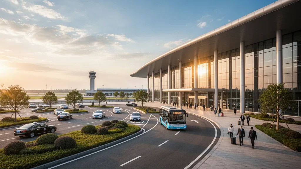 Terminal moderna y carriles de descenso en el Aeropuerto de Zhenjiang Dalu en Jiangsu, China, durante la hora dorada.