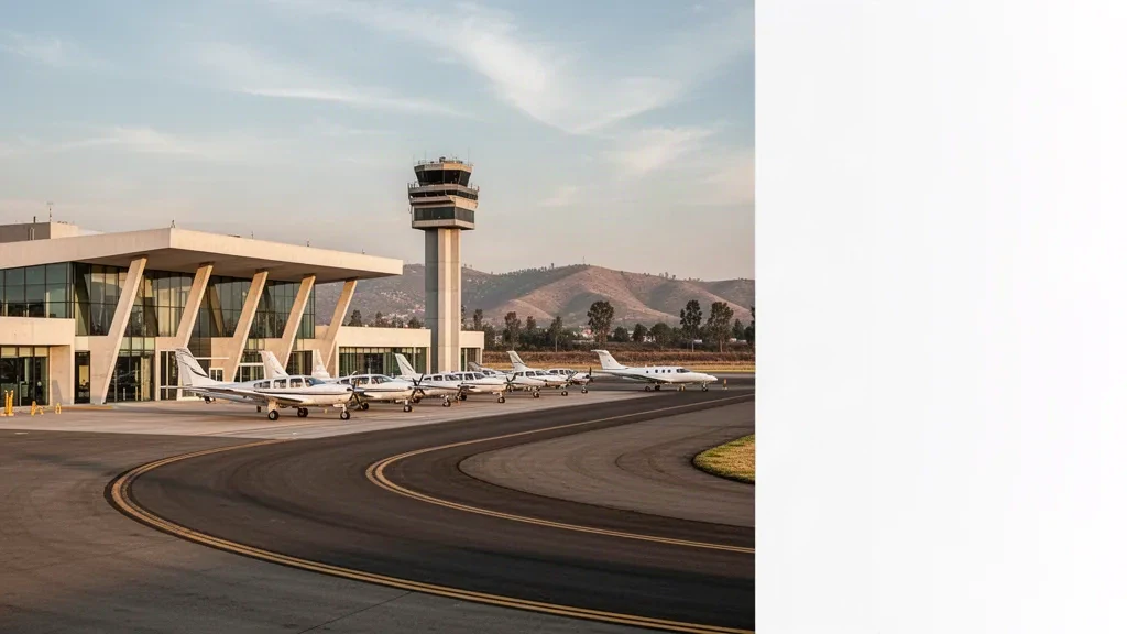Modernes Terminal, Kontrollturm und Leichtflugzeuge auf dem Vorfeld des Jorge Jiménez Cantú National Airport in Atizapán, Mexiko, zur goldenen Stunde