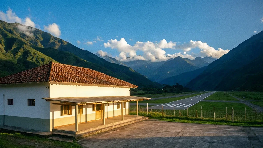 Pequeño edificio terminal regional y pista en el aeropuerto de Zapatoca AZT, en Santander, Colombia, rodeado de montañas verdes andinas
