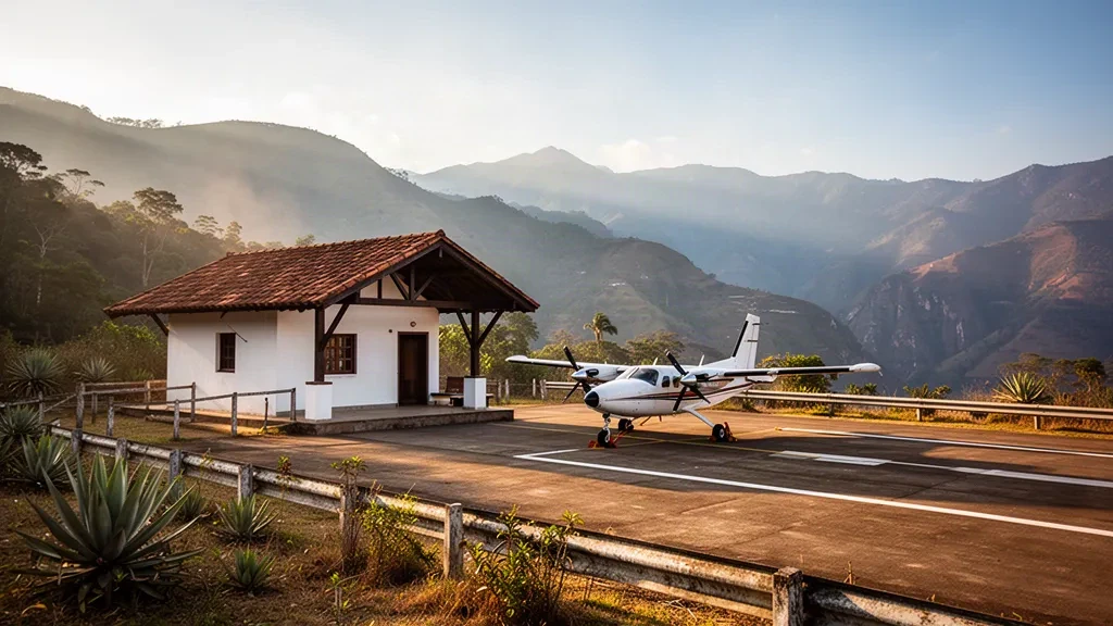 Petit terminal et tarmac d'une piste andine à l'aéroport de Zapatoca dans le Santander, en Colombie, entourés de crêtes montagneuses à l'heure dorée