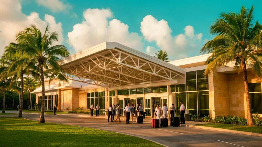 Viajeros con equipaje llegando a la terminal tropical del Aeropuerto Internacional Samaná El Catey (AZS) en la República Dominicana
