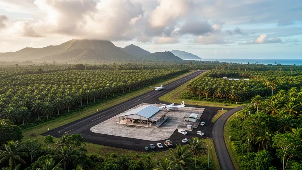 Kleine tropische Landebahn mit einem bescheidenen Terminalgebäude am Flughafen Bialla in West New Britain, Papua-Neuguinea, umgeben von Ölpalmenplantagen