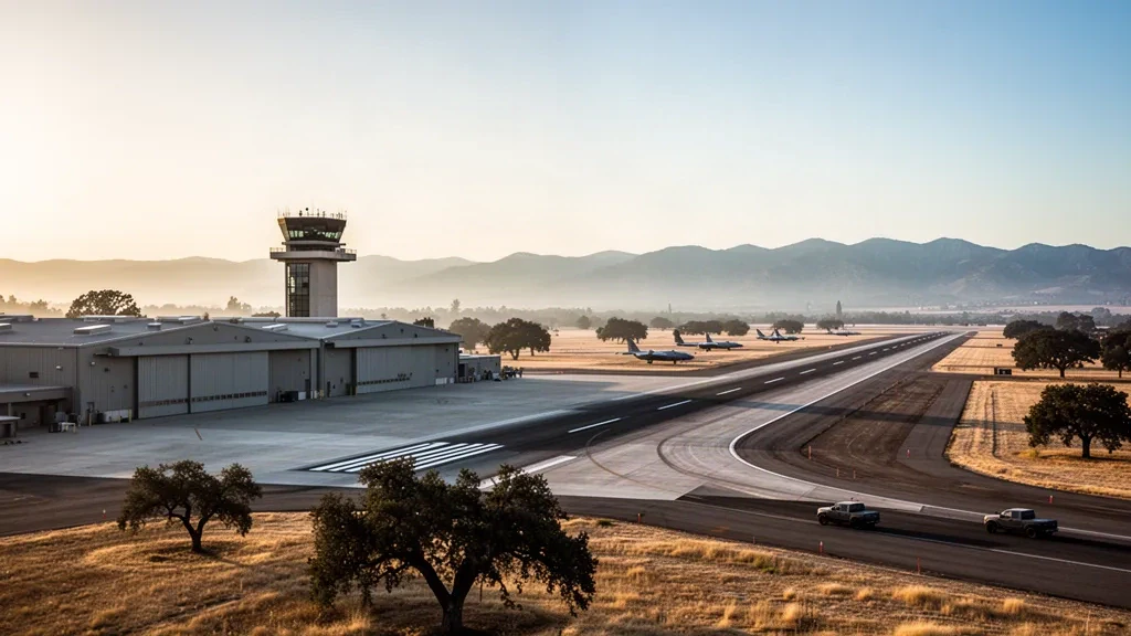 Linea di volo della Beale Air Force Base con hangar, torre di controllo e piste sotto la luce dorata della California vicino alle colline della Sierra Nevada