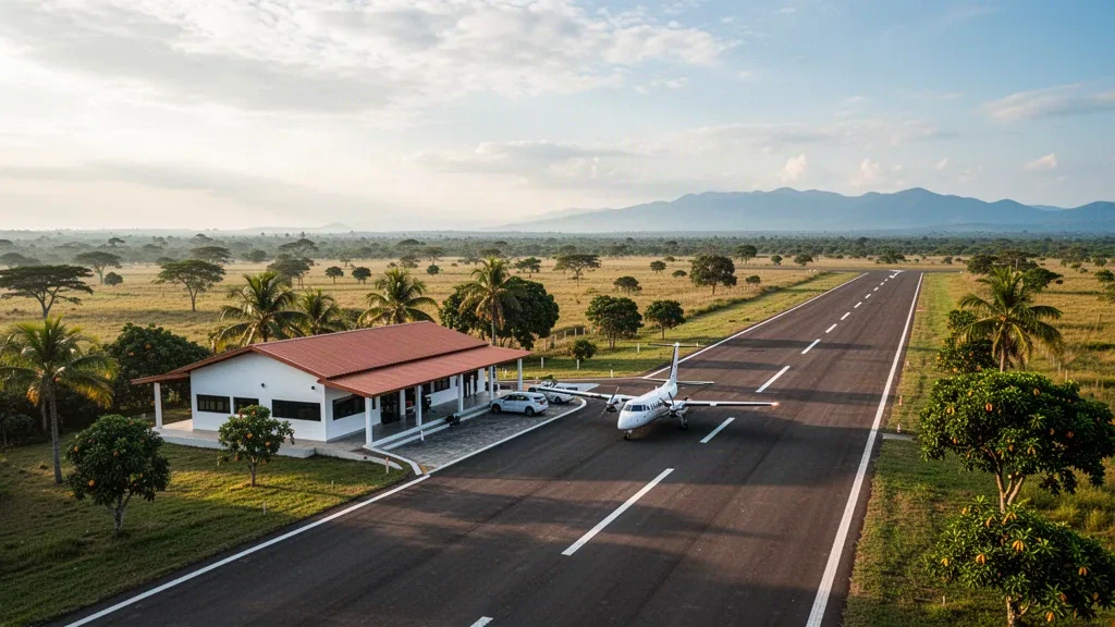 Pista di atterraggio regionale ed edificio terminal basso dell'aeroporto di Barranca de Upía a Casanare, Colombia, circondati dalle pianure tropicali durante l'ora d'oro