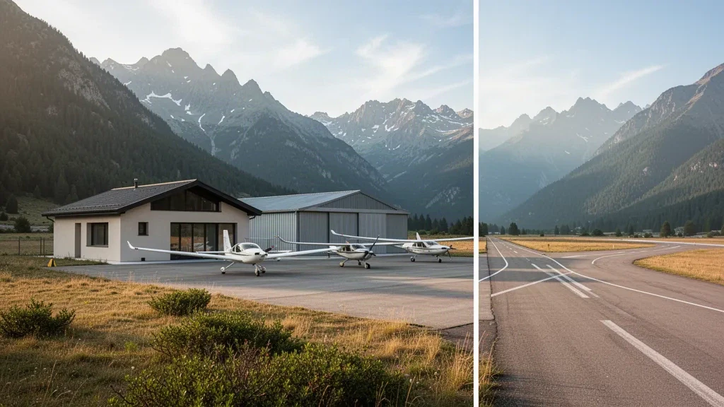 Small alpine airfield near Barcelonnette with a mountain-backed runway, light aircraft and hangars in the Ubaye Valley at golden hour