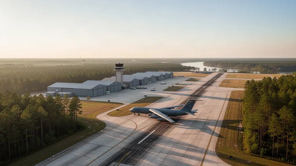Louisiana'daki Barksdale Hava Üssü havaalanının apronunda, çam ormanıyla çevrili, altın saatte park etmiş ağır bombardıman uçağı