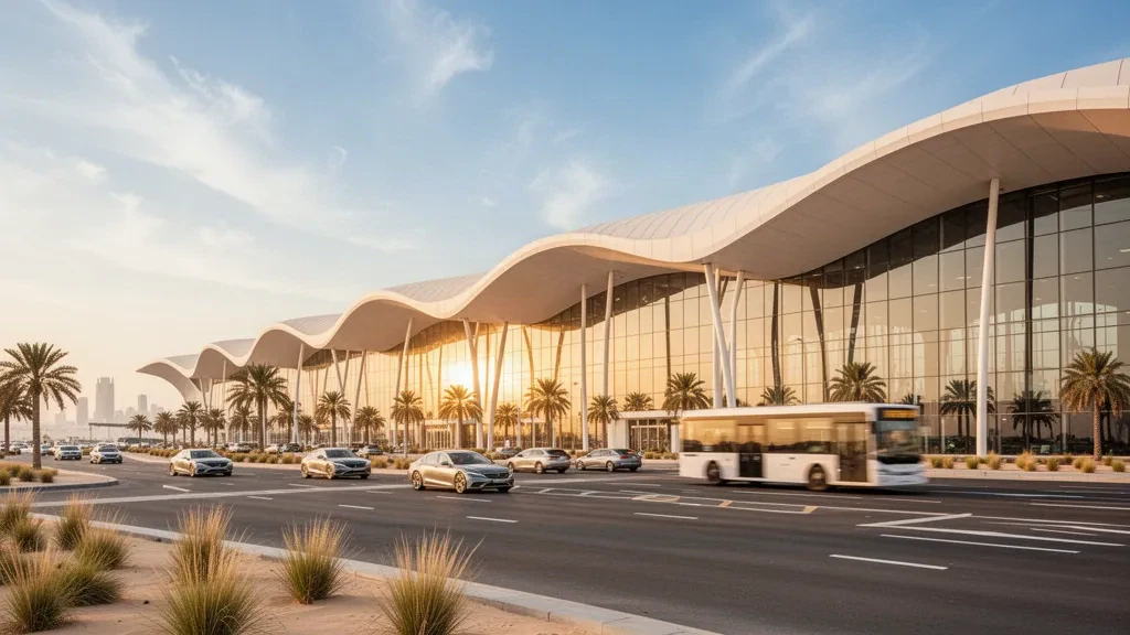Modern curved glass terminal exterior at Bahrain International Airport during golden hour, with palm-lined access roads and drop-off lanes