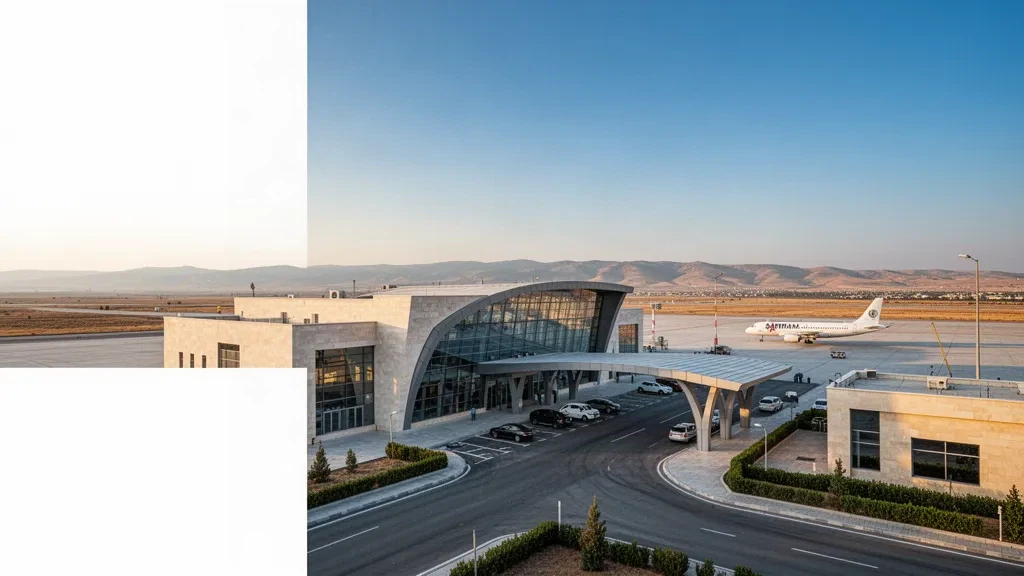 Modern terminal exterior and drop-off lane at Batman Airport in Turkey, bathed in warm golden-hour light with open sky.