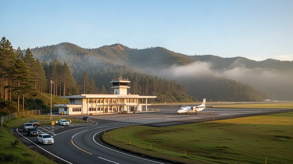 Der Loakan Airport in Baguio mit seinem kleinen Terminal, der Startbahn und parkenden Turboprop-Flugzeugen, umrahmt von kiefernbewachsenen Hügeln der Cordillera im sanften Morgenlicht