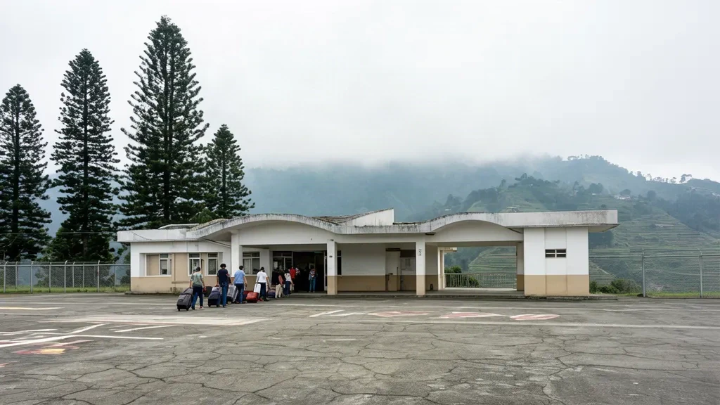 Eingeschossiges Passagierterminal und Vorfeld am Loakan Airport in Baguio, umgeben von kiefernbewachsenen Bergen der Cordillera in sanftem Hochlandlicht