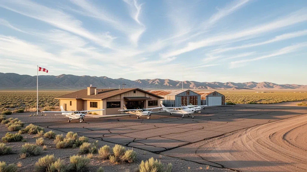 Piccolo terminal per aviazione generale e piazzale dell'Aeroporto di Battle Mountain nell'alto deserto del Nevada, con aeromobili leggeri e creste montuose in lontananza