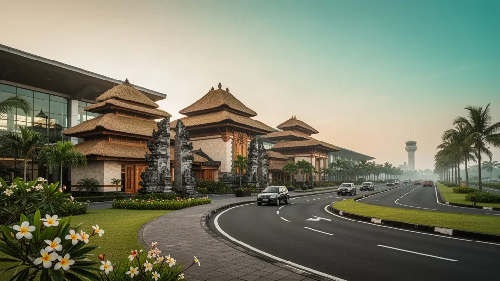 Terminal de estilo balinés y zona de descenso tropical en el aeropuerto internacional Ngurah Rai de Bali bajo una cálida luz dorada