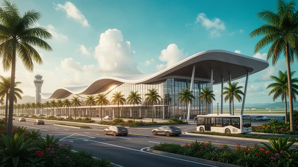 Terminal tropical moderne et route d'accès bordée de palmiers à l'aéroport de Qionghai Bo'ao, à Hainan, sous une chaude lumière dorée
