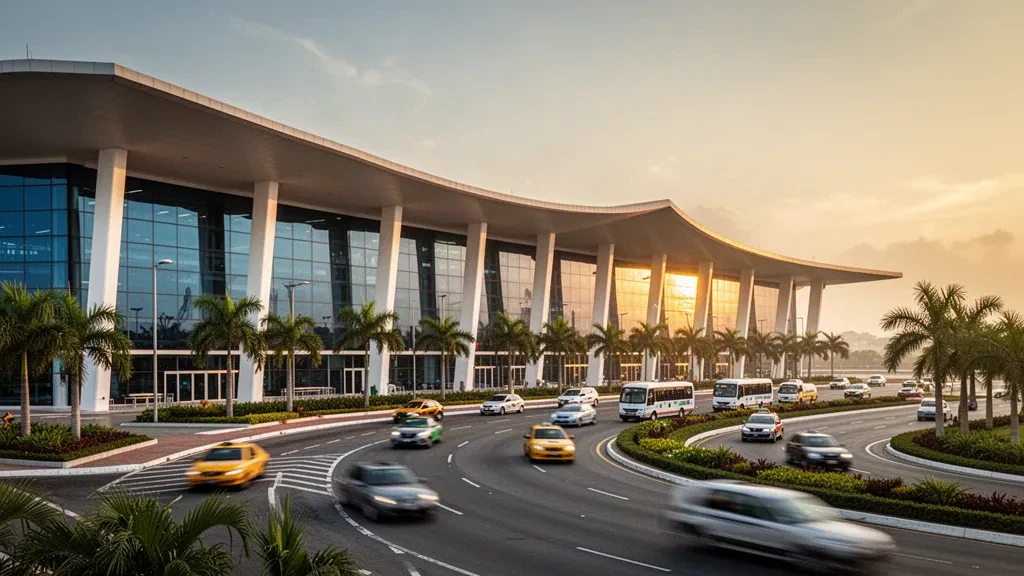 Terminal moderna de vidrio y carriles de descenso en el Aeropuerto Internacional Ernesto Cortissoz en Barranquilla bajo una cálida luz dorada del Caribe