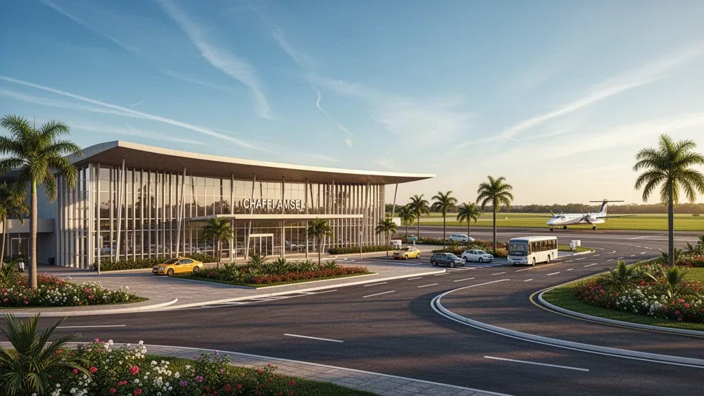 Modern terminal exterior at Chafei Amsei Airport in Barretos, Brazil, with glass facade, drop-off lanes and golden-hour light.
