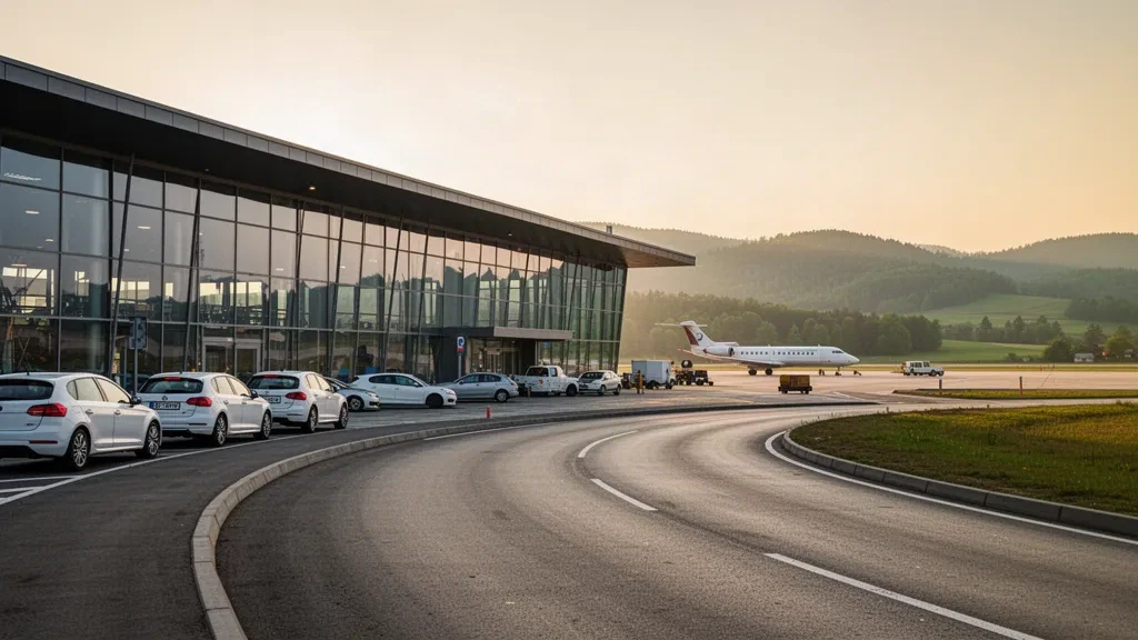Moderne Glasfassade des Terminals am internationalen Flughafen Maramureș bei Baia Mare mit geschwungener Vorfahrtsstraße und bewaldeten Hügeln im Hintergrund