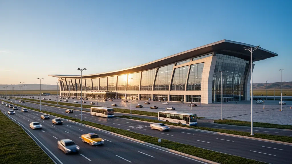Exterior moderno de terminal de vidrio y vía de acceso junto a la acera en el Aeropuerto Internacional de Baotou Donghe en Mongolia Interior durante la hora dorada