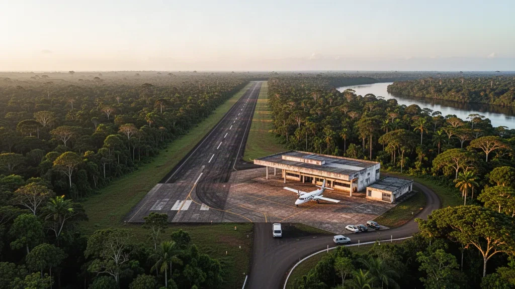 Brezilya'nın Amazonas eyaletindeki Barcelos'ta Amazon yağmur ormanlarıyla çevrili küçük bölgesel havalimanı pisti ve terminali
