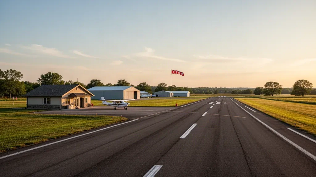 Benson Municipal Airport in Minnesota featuring a small terminal, runway, and hangars under a clear sky.