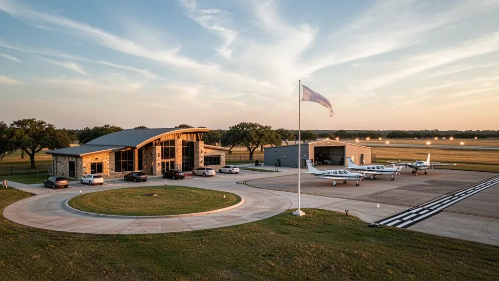 Pequeña terminal de aeropuerto regional, plataforma y aviones ligeros a la hora dorada en Bay City, Texas