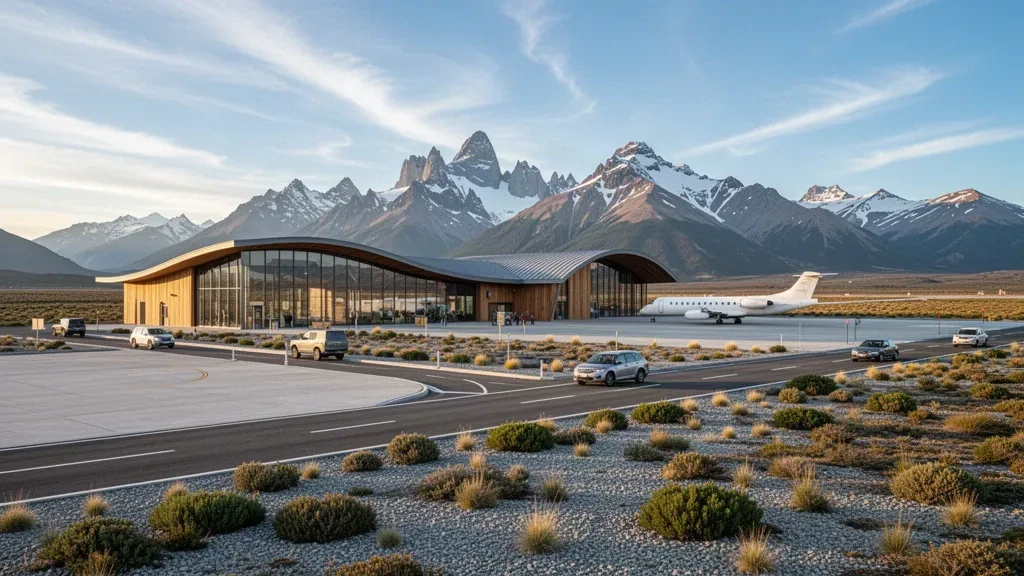 Terminal moderno in vetro e legno dell'Aeroporto di Balmaceda nella Patagonia cilena, incorniciato dalle Ande innevate nell'ora d'oro