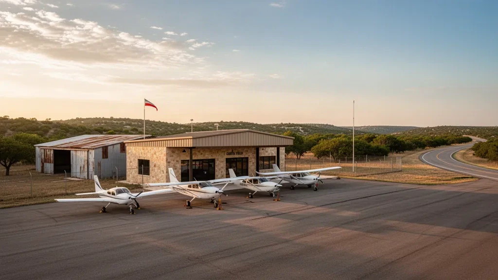 Veduta dell'aeroporto Curtis Field vicino a Brady, Texas, durante l'ora d'oro, con piccoli aerei parcheggiati sul piazzale accanto a un piccolo terminal