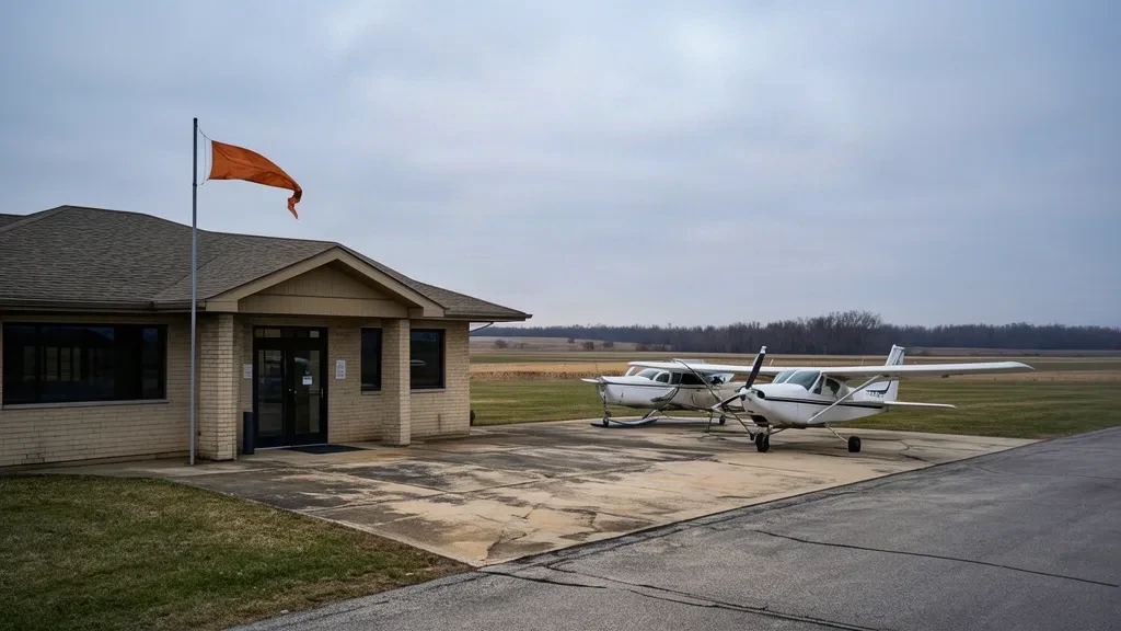 Bâtiment terminal bas et avions légers stationnés sur l'aire de trafic de l'aéroport municipal de Benson dans le Minnesota sous un large ciel de prairie couvert