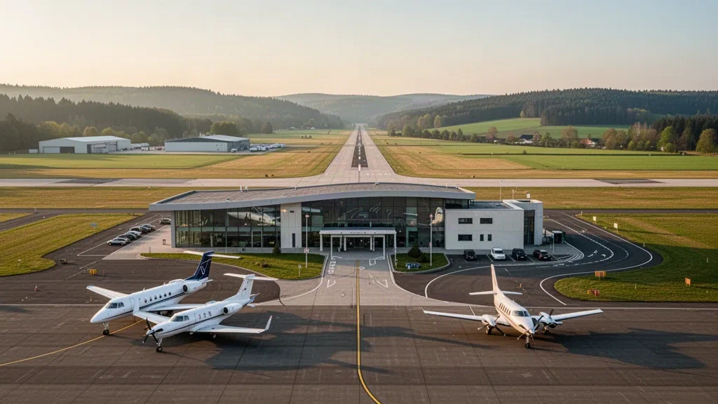 Regional airport terminal and apron with business jets near Bitburg in Germany's Eifel hills at golden hour