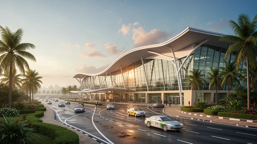 Exterior moderno de terminal de cristal en el Aeropuerto Internacional Biju Patnaik en Bhubaneswar con vías de acceso bordeadas de palmeras a la hora dorada