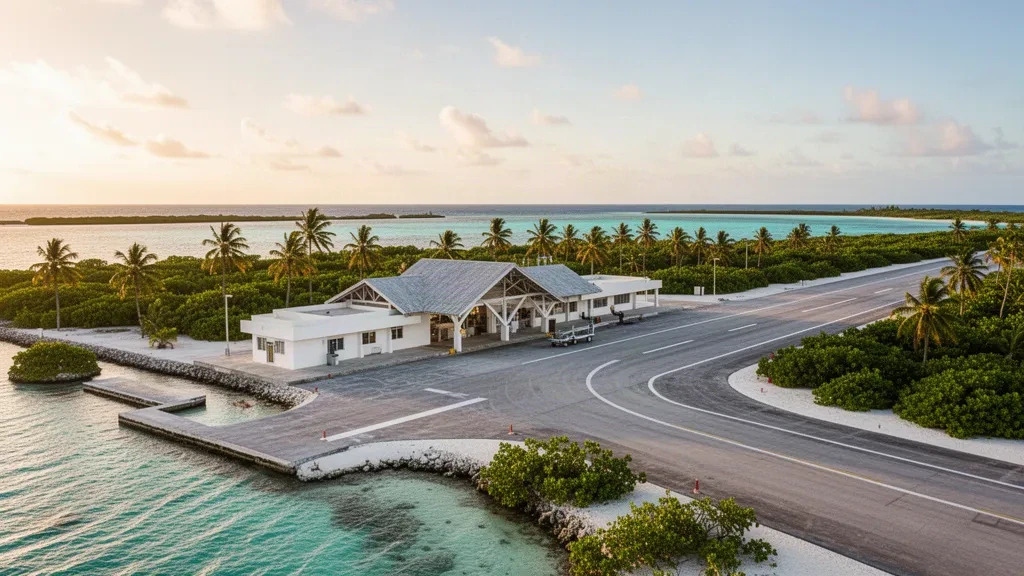 Piccolo terminal tropicale e pista all'Aeroporto di Butaritari nelle Kiribati, incorniciati da palme e acqua turchese della laguna.