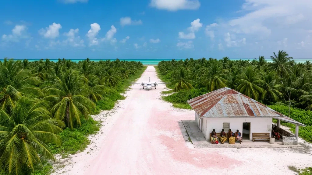 Piccolo terminal all'aperto e pista corallina all'Aeroporto di Butaritari nelle Kiribati, circondati da palme da cocco e una laguna turchese