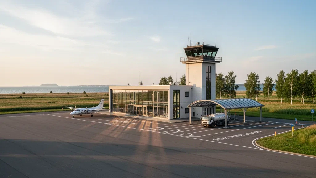Terminal moderno, torre di controllo e piazzale con un aereo leggero presso l'Ostseeflughafen Stralsund-Barth, vicino alla costa tedesca del Mar Baltico, sotto un ampio cielo costiero