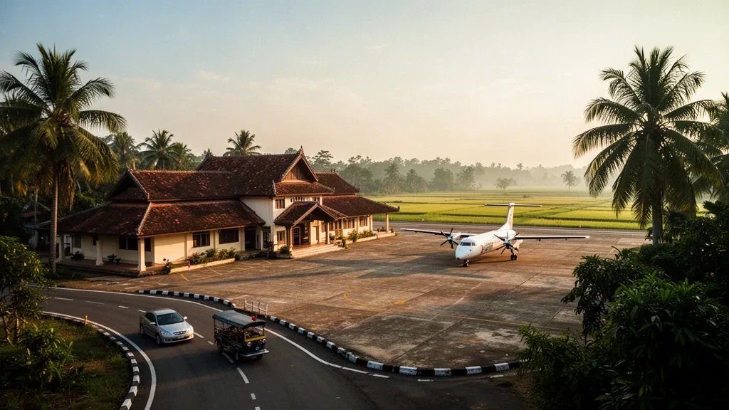 Low-rise Battambang Airport terminal in Cambodia at golden hour with a turboprop aircraft on the apron and palm-lined entrance road