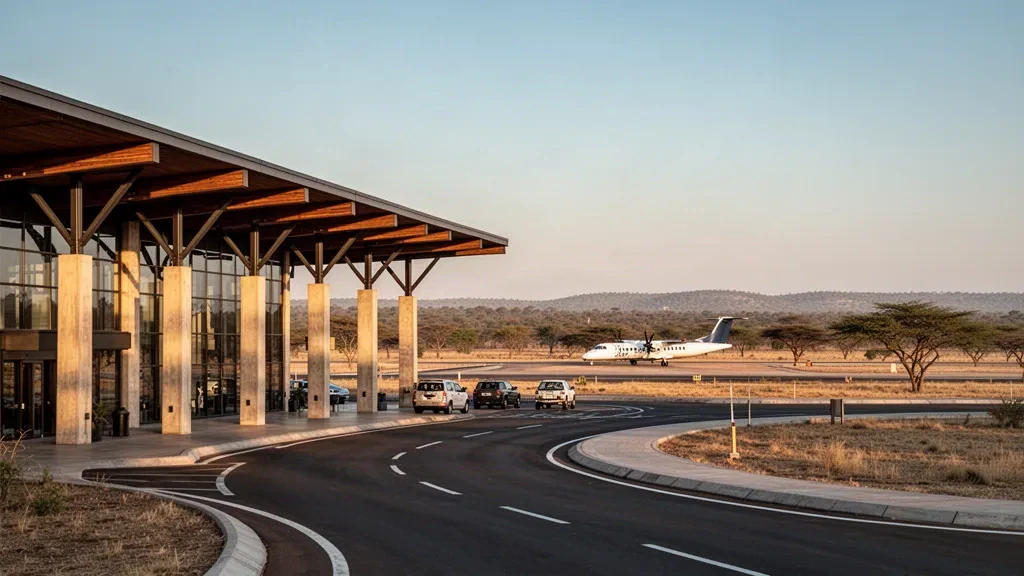 Terminal moderne en verre et voie de dépose à l'aéroport international de Kasane au Botswana, entouré de brousse sèche à l'heure dorée