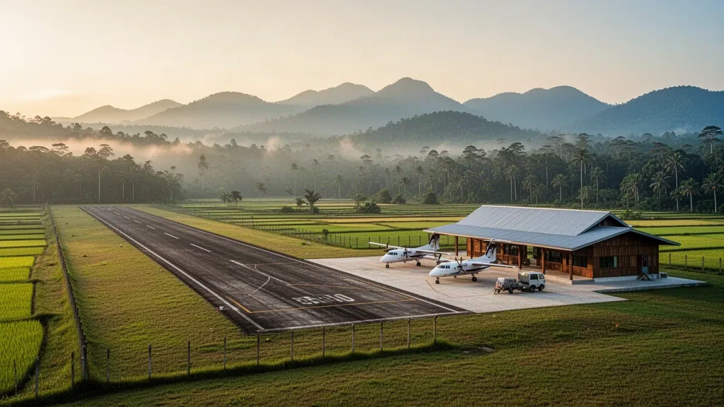Piste de l'aéroport de Bario dans les hautes terres Kelabit du Sarawak au lever du soleil, avec un petit terminal, des avions biturbopropulseurs stationnés et des collines de forêt tropicale couvertes de brume