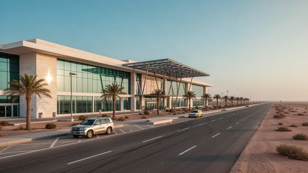 Modernes Glasterminal und Vorfahrtspur am Flughafen Berbera in Somaliland in warmem, goldenem Küstenlicht