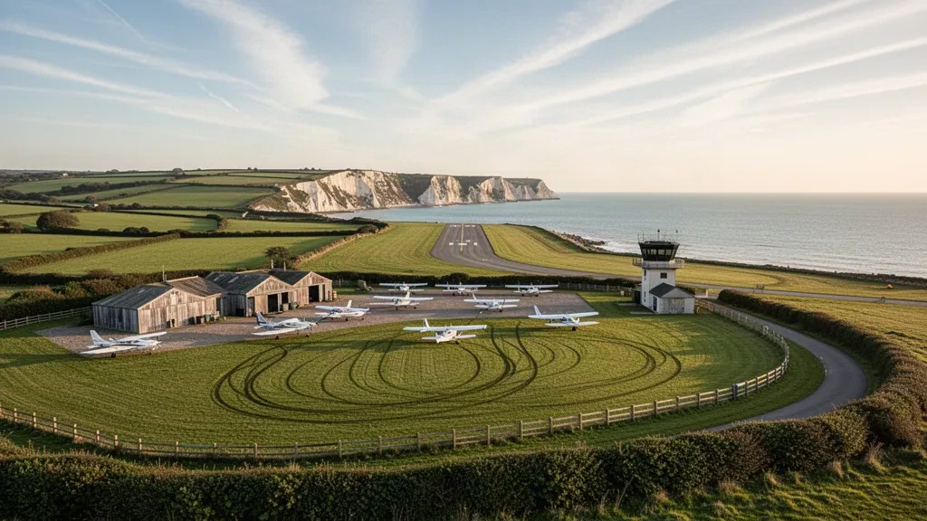 Leichtflugzeug und niedrige Hangars neben der Graslandebahn am Flughafen Bembridge auf der Isle of Wight in weichem Nachmittagslicht