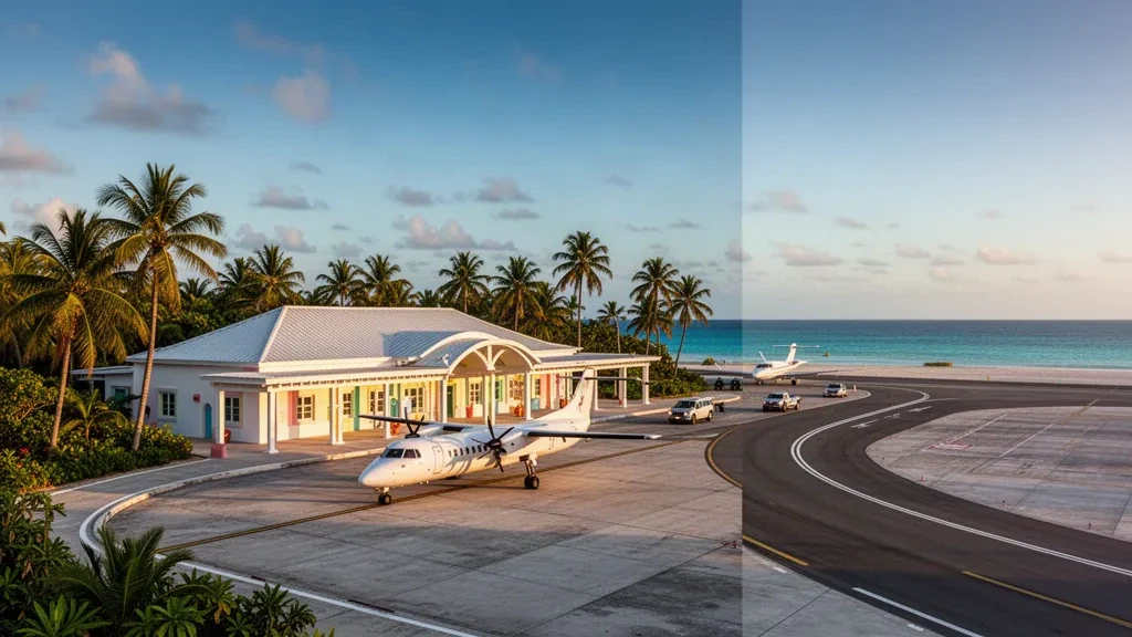 Tropical terminal building and apron at Burton-Nibbs International Airport on Great Exuma, Bahamas, framed by palms at golden hour.