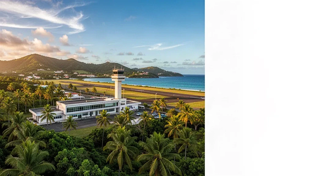 Veduta ampia dell'Aeroporto di Basse-Terre Baillif in Guadalupa, con il terminal tropicale, le palme e la pista sotto un cielo caraibico soleggiato.