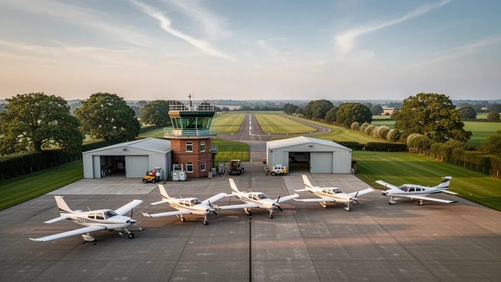 Aereo leggero sul piazzale dell'aeroporto di Blackbushe nell'Hampshire, con hangar e una torre di controllo bassa nella morbida luce dell'ora d'oro.