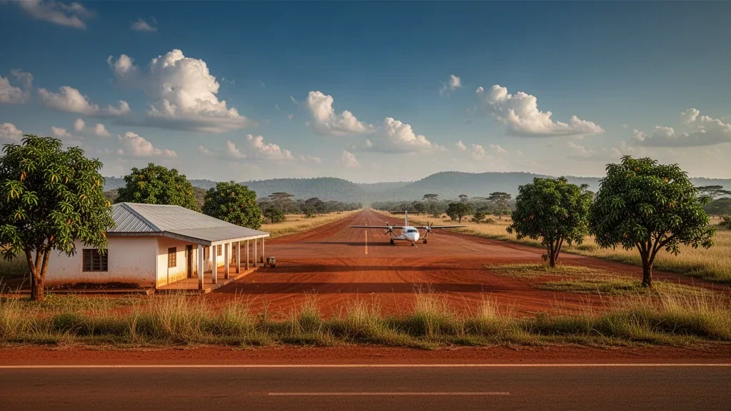 Piccola pista regionale e terminal modesto presso l'Aeroporto di Berbérati nella Repubblica Centrafricana sotto un cielo tropicale caldo