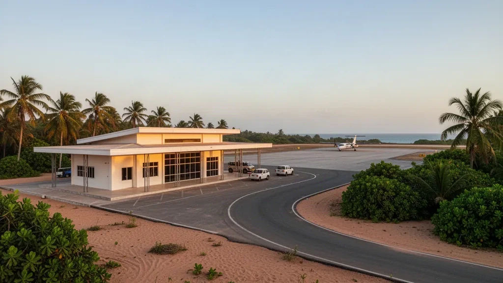 Small coastal terminal building and palm-lined runway at Nero-Mer Airport near Grand-Béréby in Côte d'Ivoire, lit by warm tropical evening light.