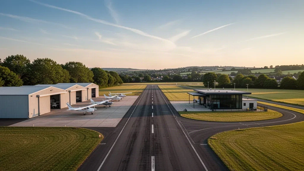 Kleiner Verkehrslandeplatz zur goldenen Stunde mit Hangars, abgestellten Leichtflugzeugen und einer ruhigen Start- und Landebahn am Wings Field in Pennsylvania