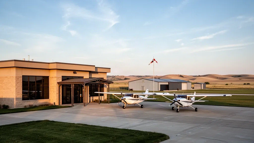 Kleines Terminal eines Regionalflughafens, Hangars und Vorfeld am Broken Bow Municipal Airport in Nebraska unter warmem Präriehimmel zur goldenen Stunde.