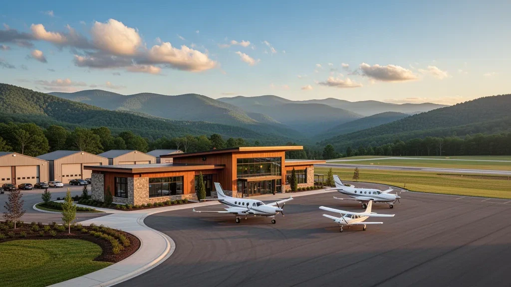 Modern terminal and aircraft ramp at Virginia Tech Montgomery Executive Airport in Blacksburg, Virginia, framed by Blue Ridge ridges