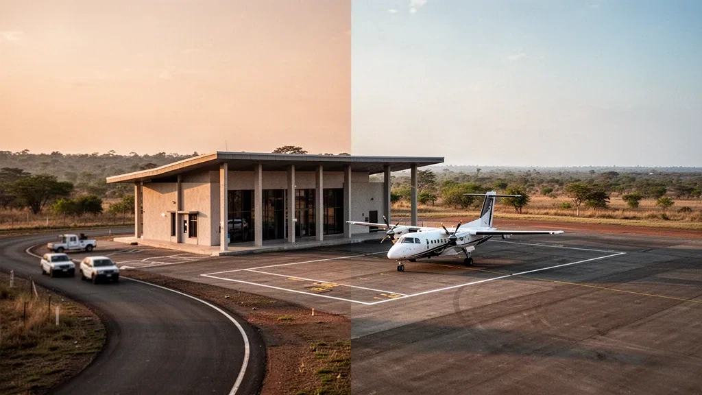 Kuzeybatı Zambiya'daki Zambezi Havalimanı'nda gün batımında küçük bölgesel terminal ve apron üzerinde park etmiş turboprop uçak