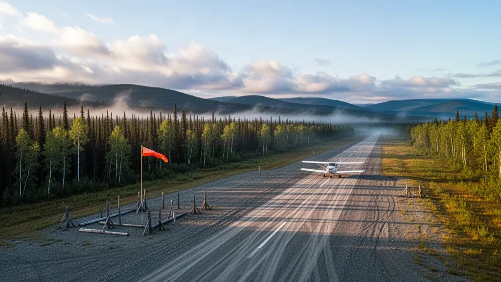 Pista de grava en el aeropuerto Bear Creek 3, en una zona remota de Alaska, rodeada de bosque de abetos y colinas neblinosas bajo una luz dorada de atardecer.