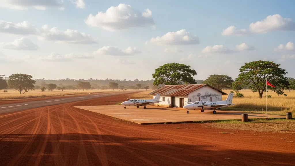 Sunlit laterite runway and modest airfield buildings at Bouca Airport in the Central African Republic savanna